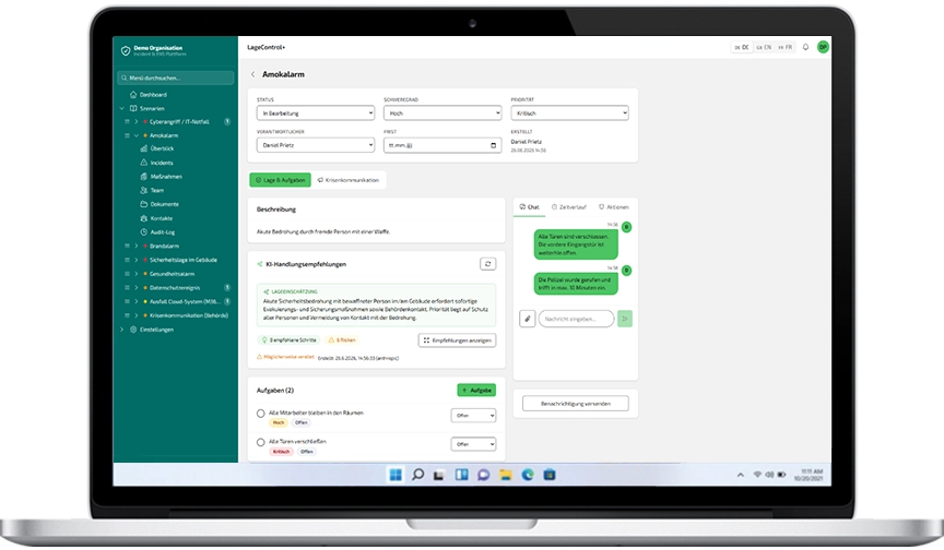 LageControl+ Krisenstab Dashboard mit Chat und Einsatzdetails